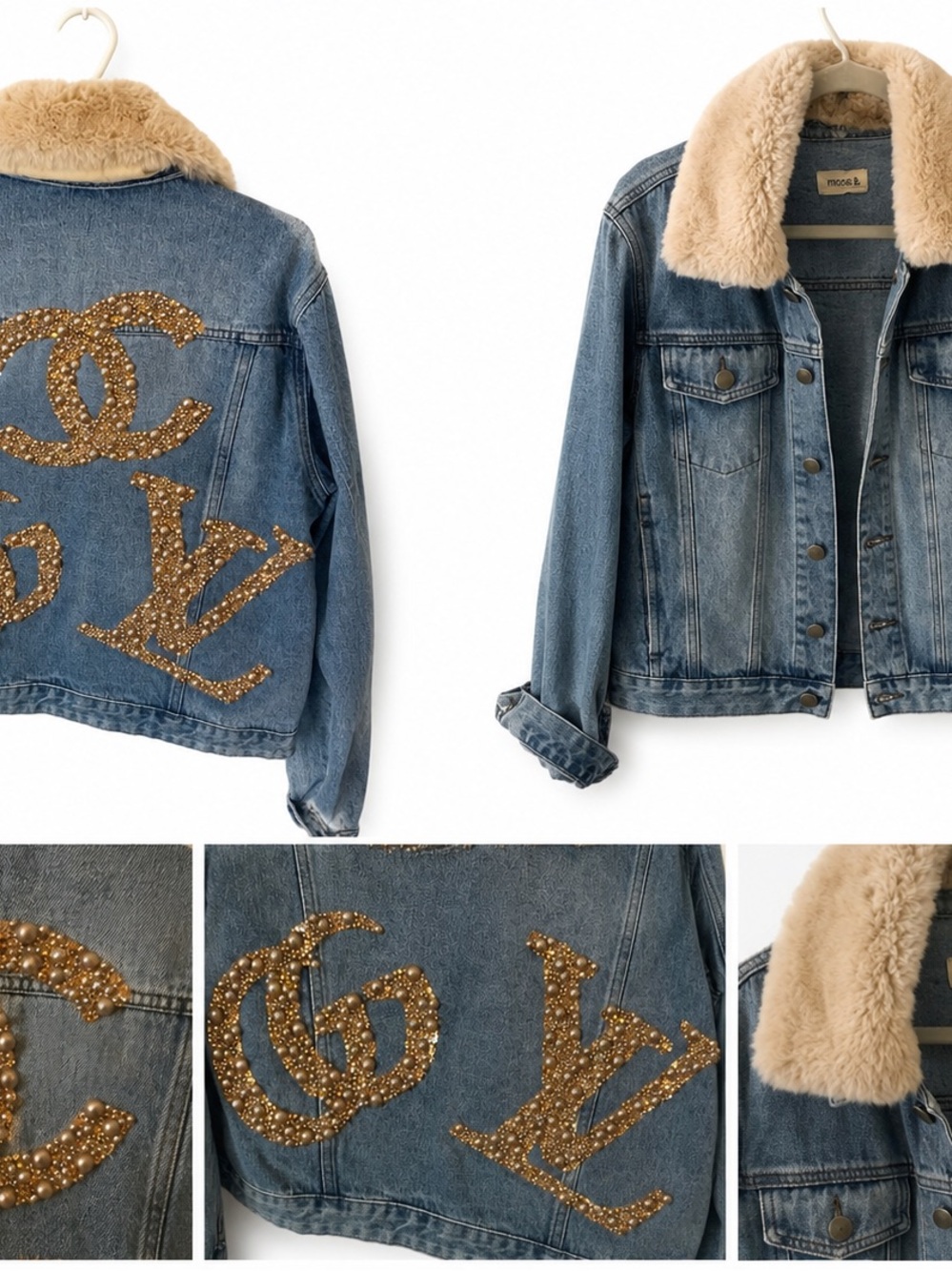 Custom Beaded Blue Denim Jacket with GG, LV and CC Beading. Collar Detachable - Picture 5 of 6